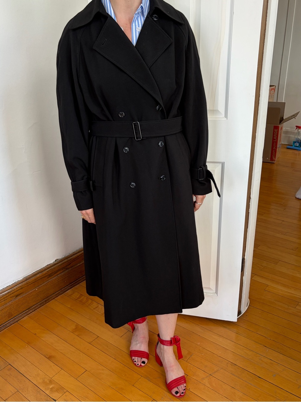 OAK + FORT Black Oversized Double-Breasted Trench Coat with Belt